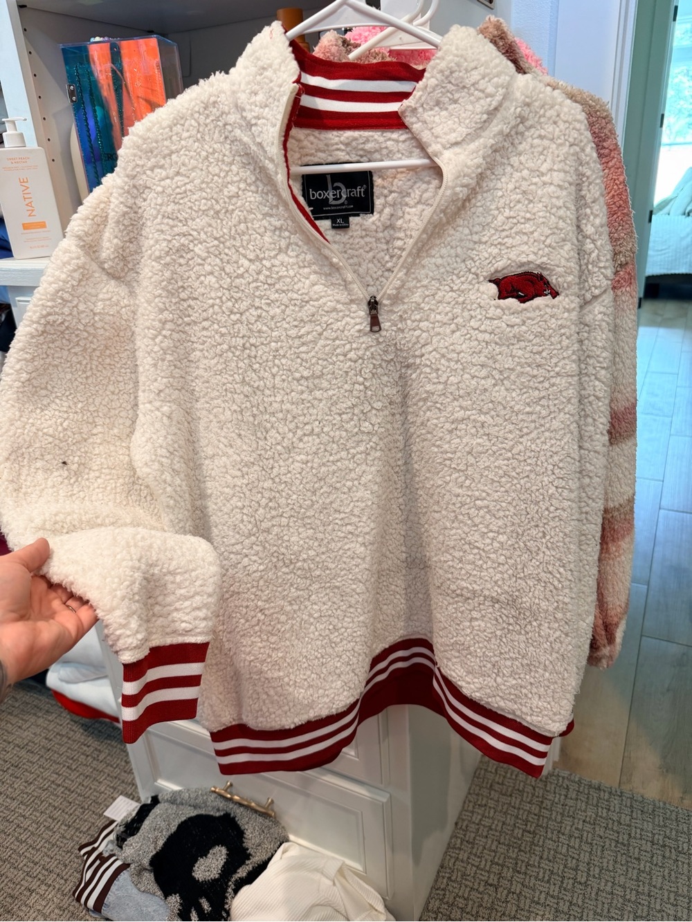 boxercraft Cream Sherpa Quarter-Zip Pullover with Red Trim